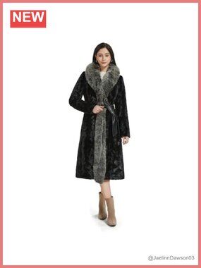Real Mink Fur Coat with Real Fox Fur Collar Long Overcoat Hook & Loop